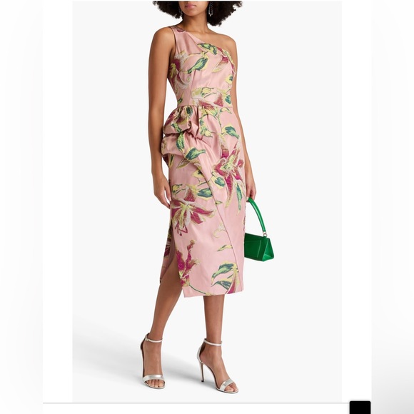 MARCHESA NOTTE One-shoulder Draped Floral-Jacquard Midi Dress in Blush sz 4 NWT